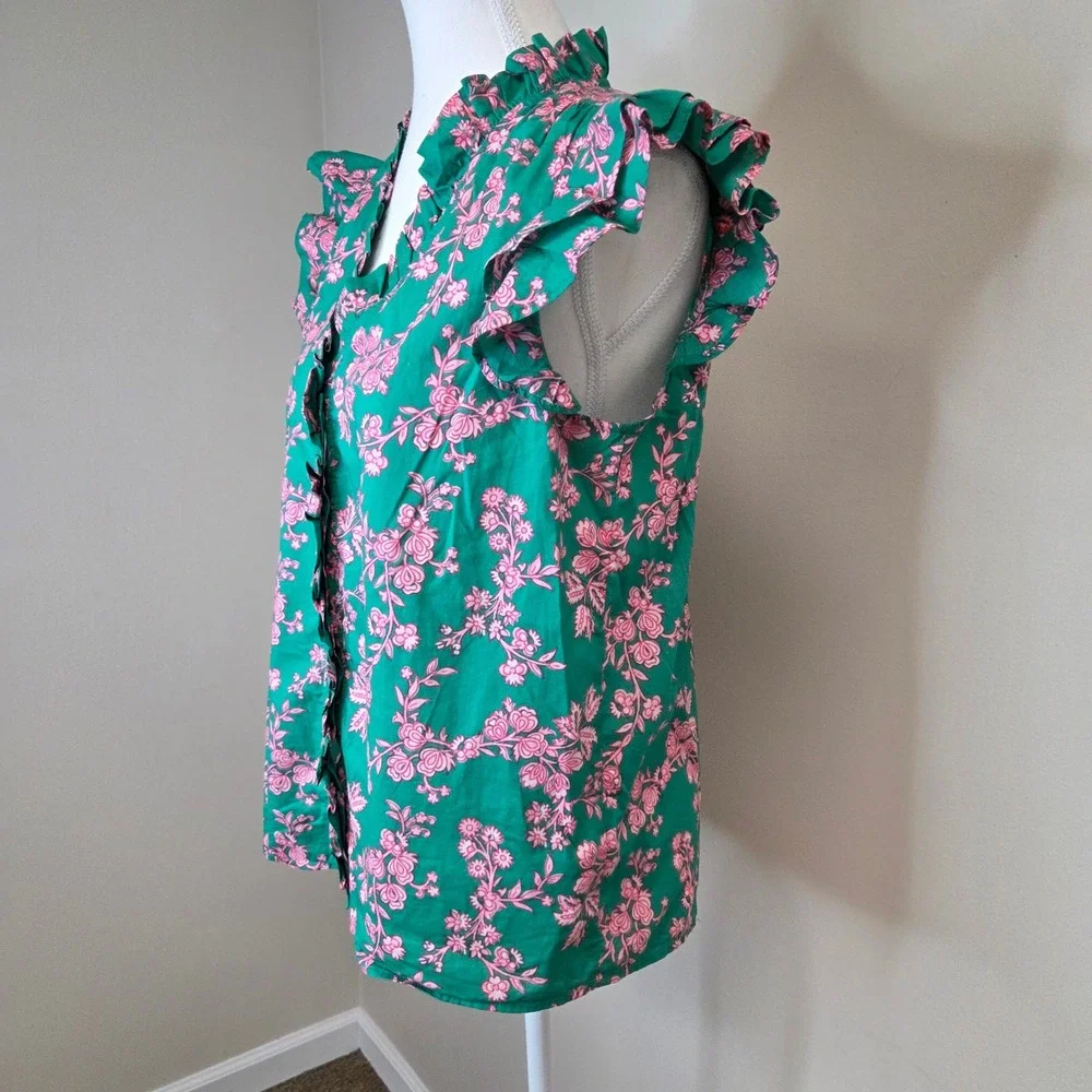 J. Crew Womens Green Pink Floral Ruffle Flutter Sleeve‎ Cotton Blouse Top Small